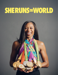 A smiling woman wears multiple medals. Above her text reads She runs the World